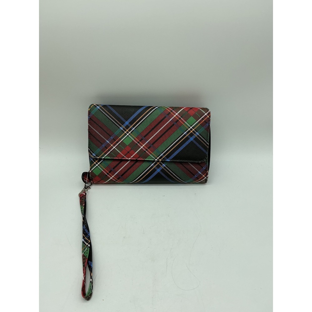 Womens Red Green Plaid Wristlet Wallet Zip Around Organizer with ID Windows